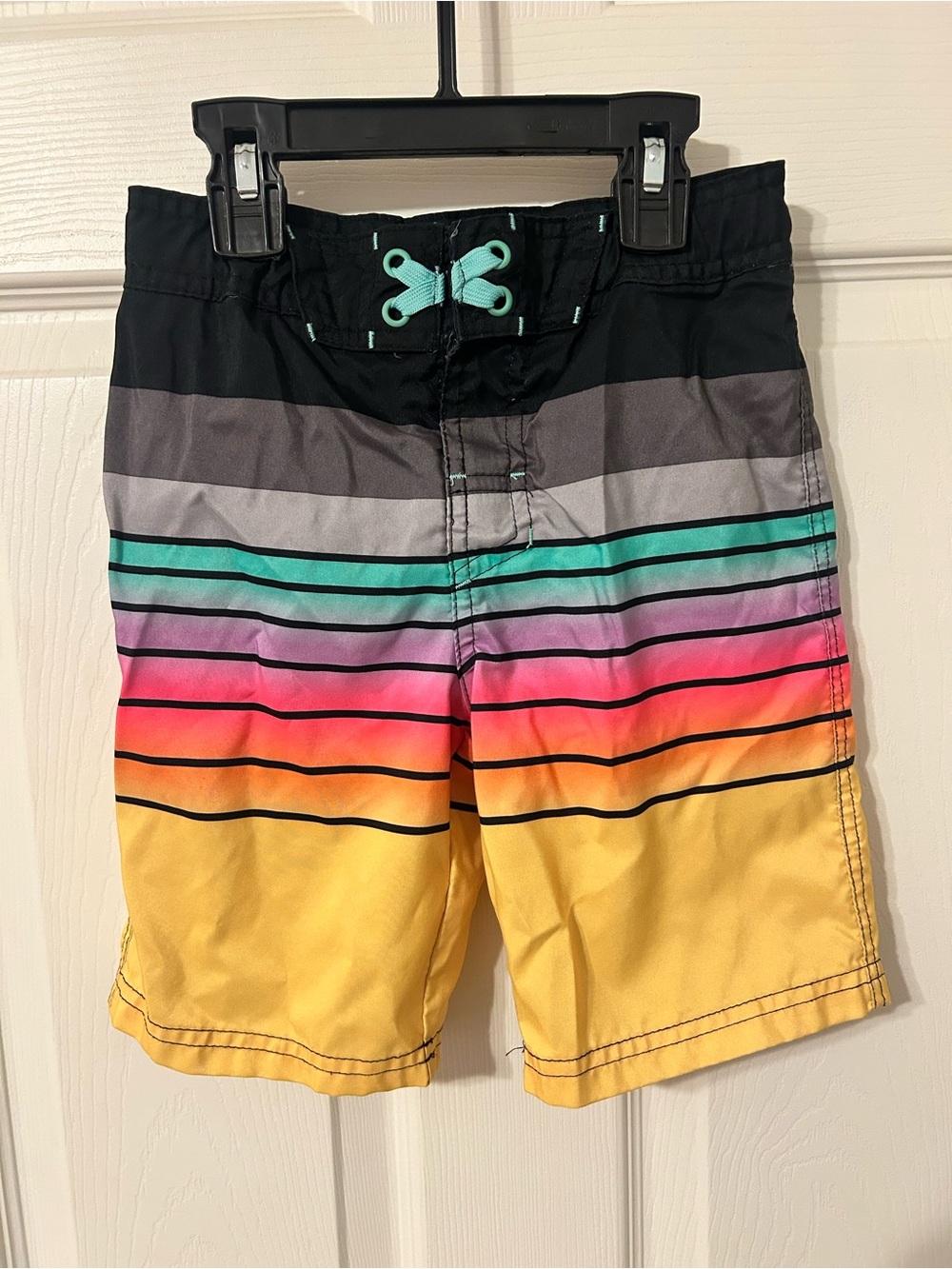 Boys, Art Class, Black, Gray, Teal, Pink, Orange, Yellow Striped Swim Trunks, 6